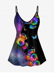 Plus Size Colorful Rose Butterfly Print Cami Top (Adjustable Straps) -  