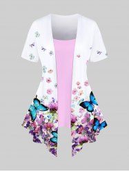 Plus Size Butterfly Flower Printed Colorblock Asymmetric 2 in 1 Tee -  