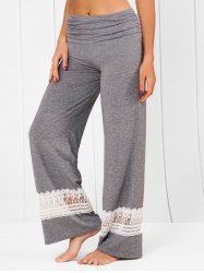 Pantalon Chiné Découpé Panneau en Dentelle à Taille Haute Elastique à Jambe Large - Gris S