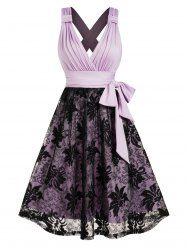 Sheer Leaf Lace Overlay Surplice Plunge Belt Bowknot Mini Dress -  