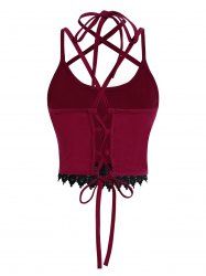 Haut Court Croisé Panneau en Dentelle Fleur à Col Halter - Rouge foncé S