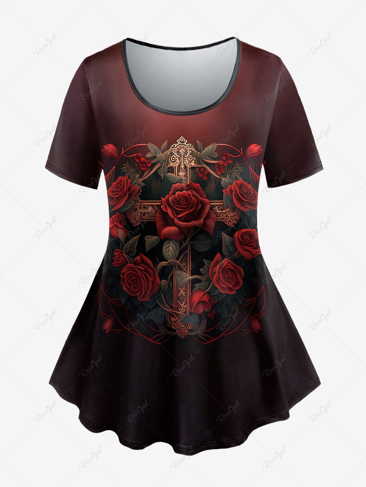 Unique Gothic Rose Cross Print Ombre T-shirt  