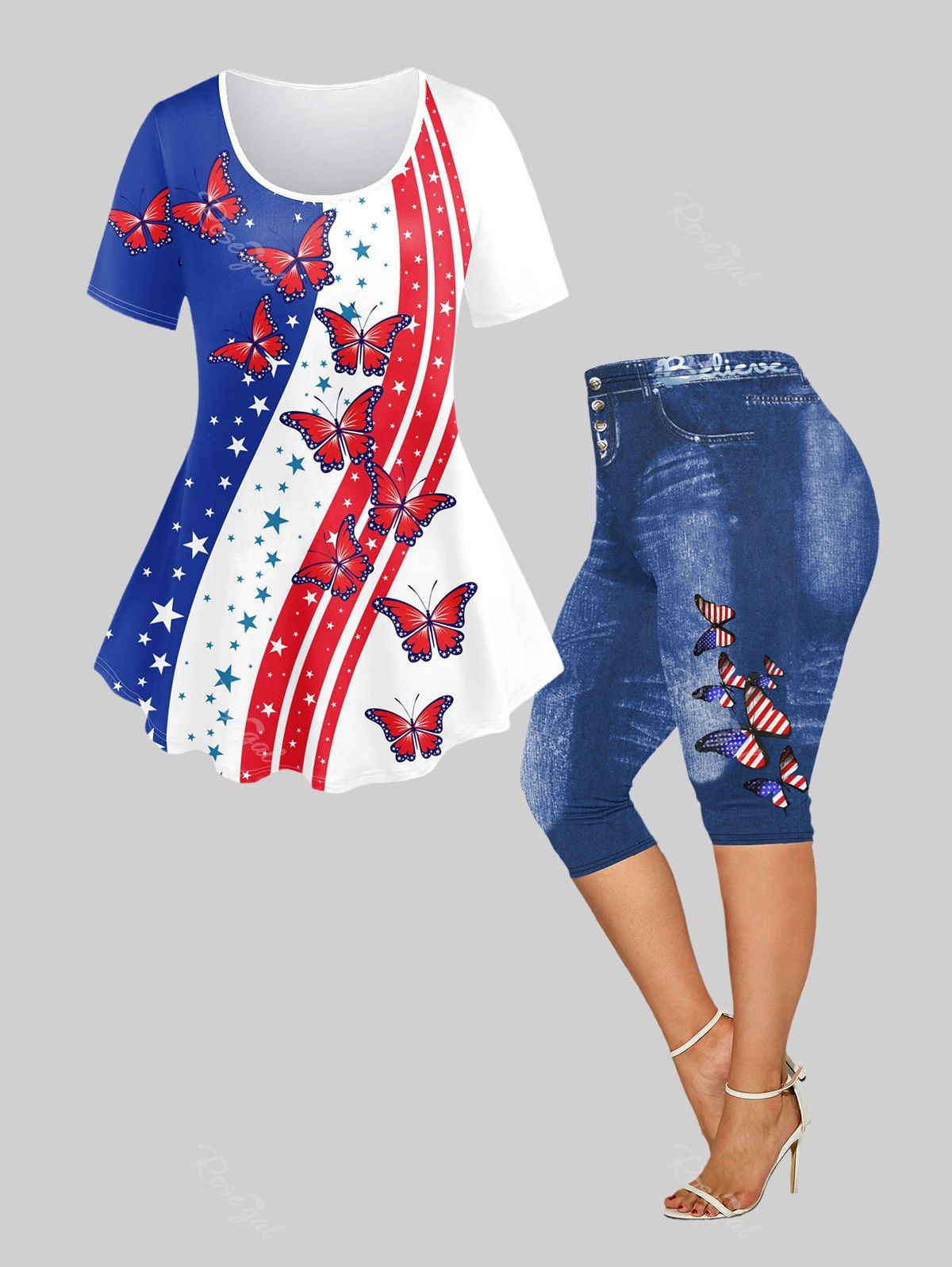 Outfit Plus Size American Flag Butterfly Print T-shirt and American Flag Butterfly 3D Print Cropped Jeggings Matching Set  