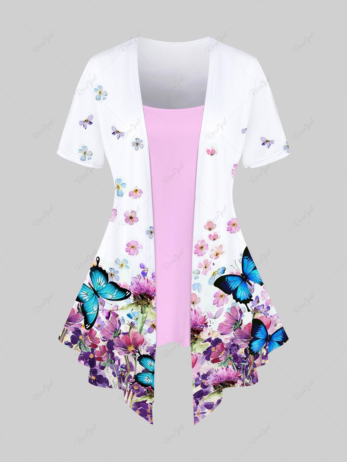 Cheap Plus Size Butterfly Flower Printed Colorblock Asymmetric 2 in 1 Tee  