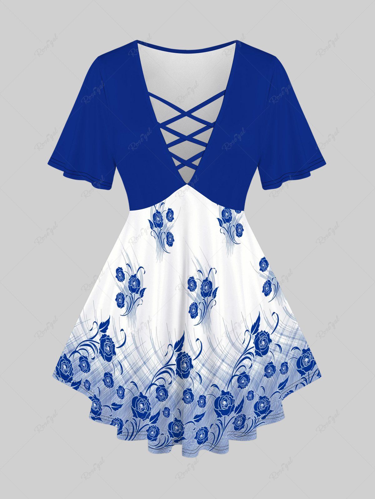 T-shirt Bicolore Croisé Fleuri Imprimé de Grande Taille à Manches Courtes Bleu 4X | US 26-28