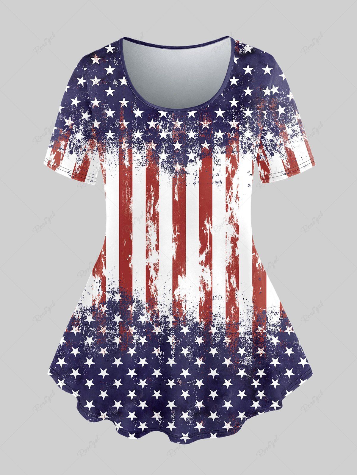 T-shirt Imprimé Drapeau Américain Patriotique à Manches Courtes Grande Taille Bleu profond 4X | US 26-28