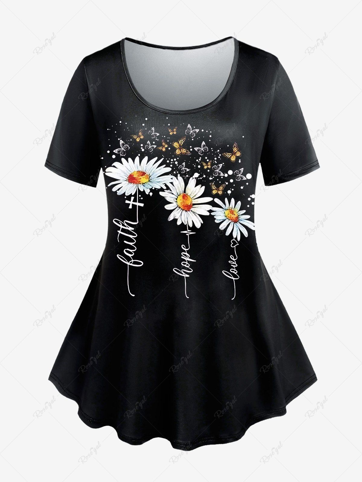 T-shirt Tournesol et Papillon Imprimés à Manches Courtes de Grande Taille Noir 4X | US 26-28