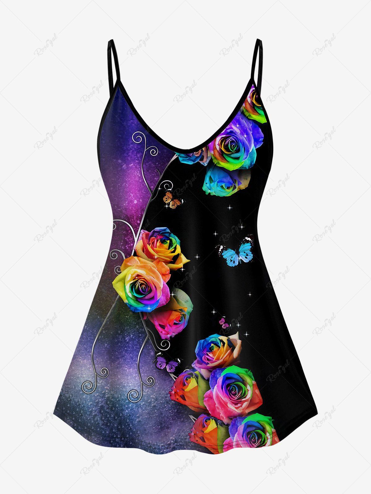 Latest Plus Size Colorful Rose Butterfly Print Cami Top (Adjustable Straps)  