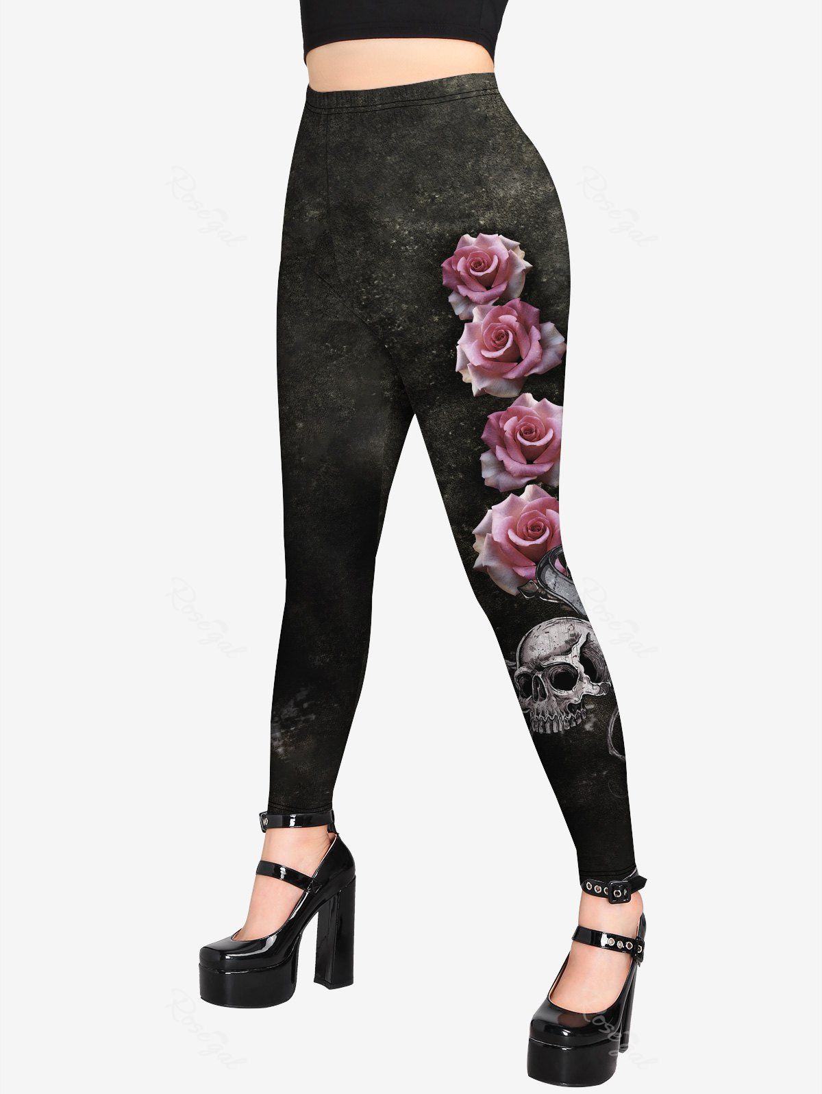 Chic Gothic Rose Skull Print Valentines Leggings  