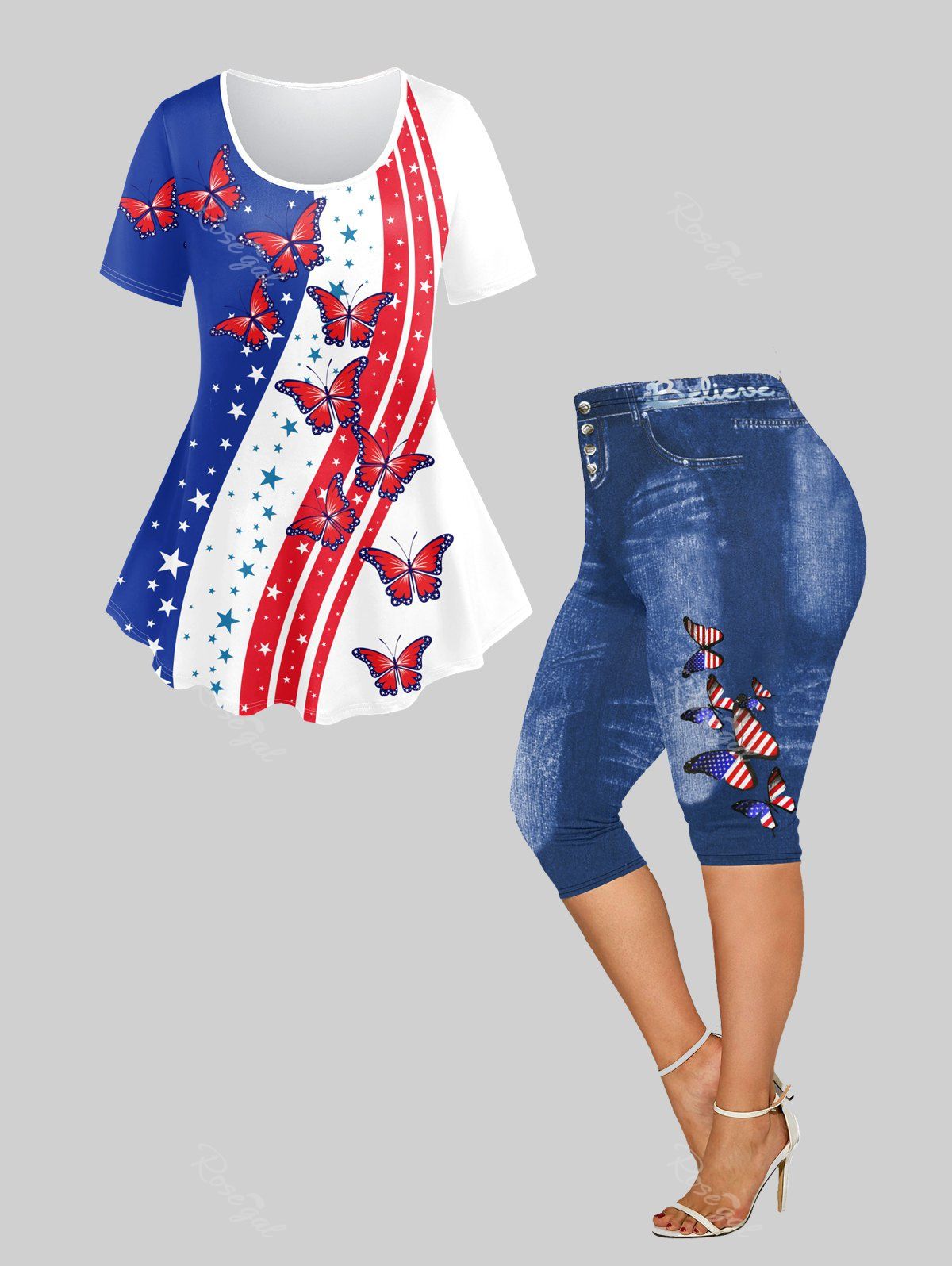 Fashion Patriotic American Flag Butterfly Print T-shirt and Capri Jeggings Plus Size Outfits  