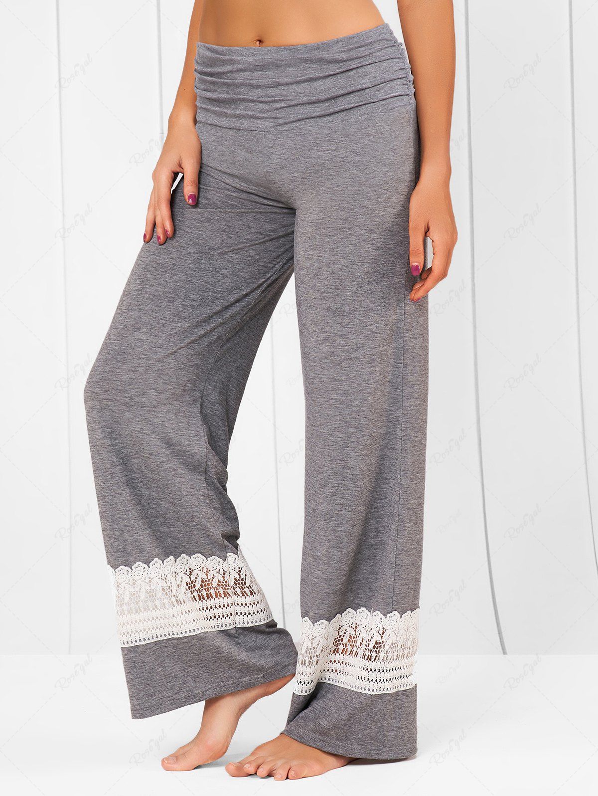 Outfit Heather Hollow Out Lace Panel Ruched Wide Elastic High Waisted Wide Leg Pants  