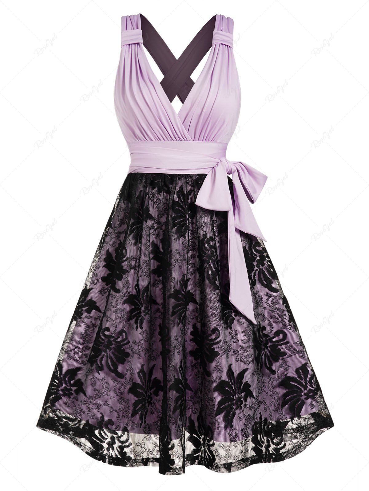 Online Sheer Leaf Lace Overlay Surplice Plunge Belt Bowknot Mini Dress  
