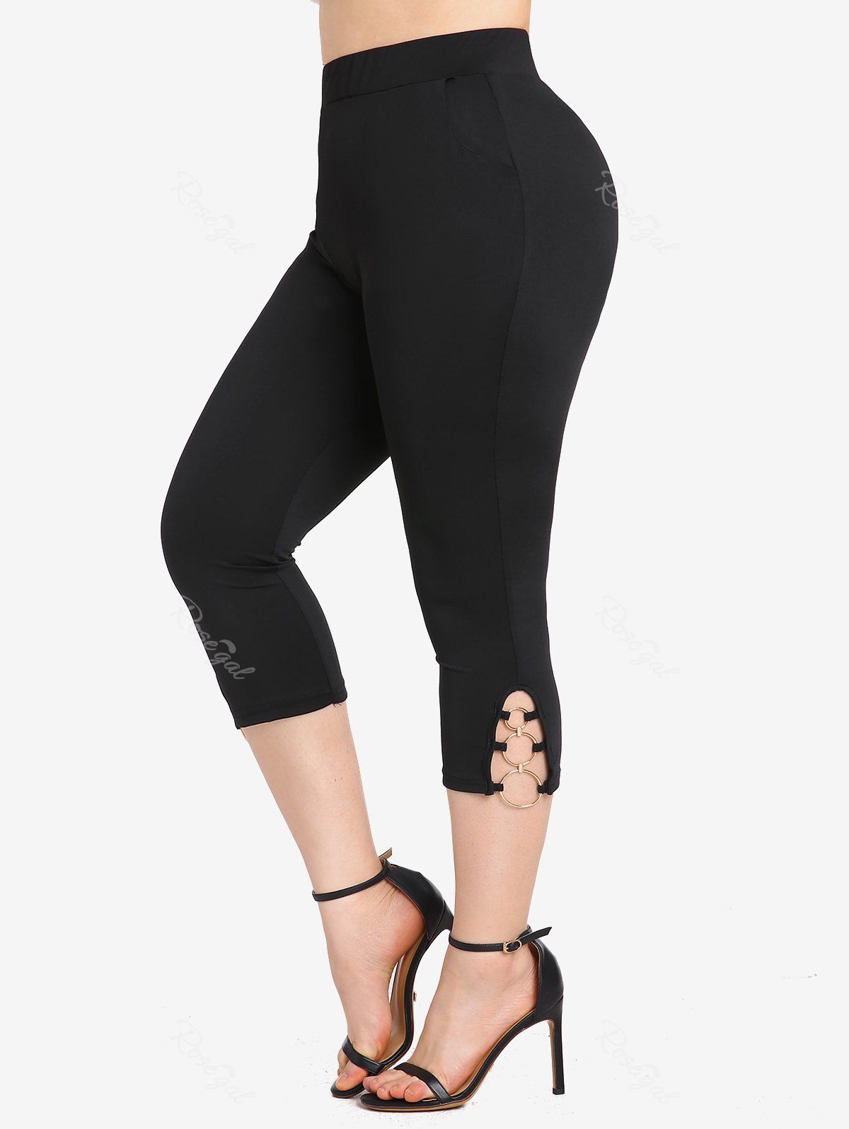 Best Plus Size O-rings Solid Capri Leggings with Pockets  