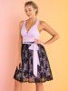 Sheer Leaf Lace Overlay Surplice Plunge Belt Bowknot Mini Dress -  