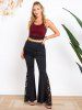 Flower Lace Panel Lace Up Crossover Halter Cropped Top -  