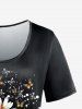 T-shirt Tournesol et Papillon Imprimés à Manches Courtes de Grande Taille - Noir 4X | US 26-28