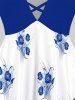 T-shirt Bicolore Croisé Fleuri Imprimé de Grande Taille à Manches Courtes - Bleu 4X | US 26-28