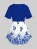 T-shirt Bicolore Croisé Fleuri Imprimé de Grande Taille à Manches Courtes - Bleu 5x | US 30-32