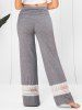 Pantalon Chiné Découpé Panneau en Dentelle à Taille Haute Elastique à Jambe Large - Gris S