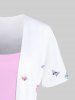 T-shirt Asymétrique Fleur Papillon Imprimée en Blocs de Couleurs de Grande Taille - Rose clair S | US 8