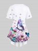 Plus Size Butterfly Flower Printed Colorblock Asymmetric 2 in 1 Tee -  