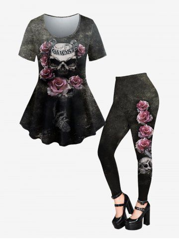 Gothic Rose Skull Print T-shirt and Rose Skull Print Skinny Leggings Outfit