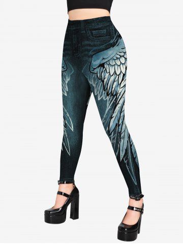 Gothic Skull Feather Print T-shirt and Wing 3D Jean Print Leggings Outfit
