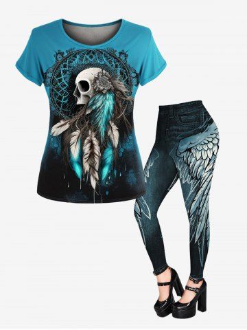 Gothic Skull Feather Print T-shirt and Wing 3D Jean Print Leggings Outfit