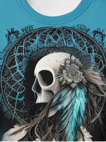 Gothic Skull Feather Print T-shirt and Wing 3D Jean Print Leggings Outfit