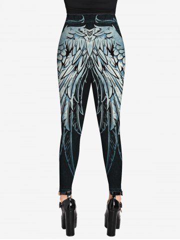 Gothic Skull Feather Print T-shirt and Wing 3D Jean Print Leggings Outfit