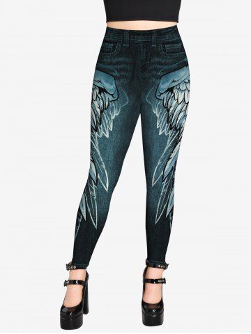 Gothic Skull Feather Print T-shirt and Wing 3D Jean Print Leggings Outfit