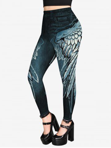 Gothic Skull Feather Print T-shirt and Wing 3D Jean Print Leggings Outfit