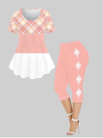Plaid Colorblock Tee and Geo Printed Capri Leggings Plus Size Summer Outfit - LIGHT PINK