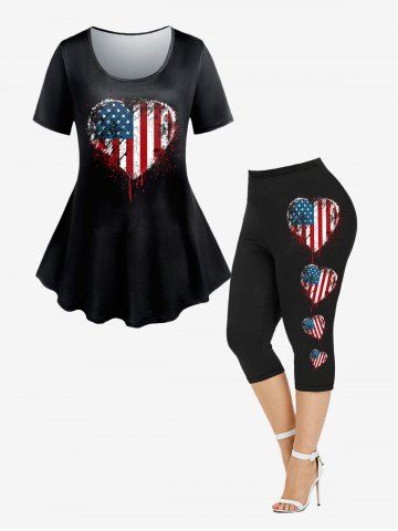 Plus Size Heart American Flag Printed Tee and American Flag Heart Printed Leggings Matching Set - BLACK