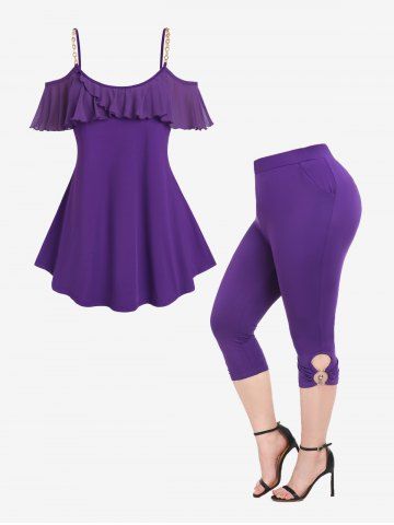 Flounce Chains Cold Shoulder Tee and Pull On Capri Pants Plus Size Summer Outfit - PURPLE