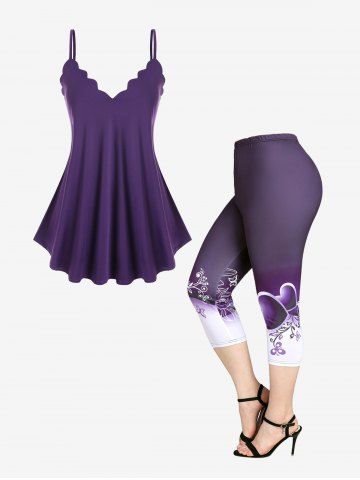 Scalloped Swing Cami Top and Floral Heart Capri Leggings Plus Size Summer Outfit - CONCORD