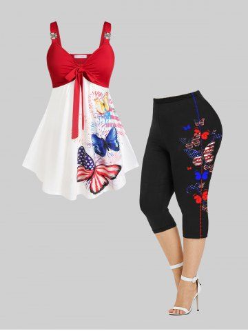 Patriotic American Flag Butterfly Knot Tank Top and Capri Leggings Plus Size Summer Outfit - RED