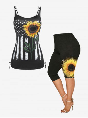 Lace Up Patriotic American Flag Sunflower Tank Top and Capri Leggings Plus Size Summer Outfit