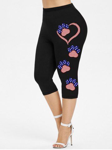 Plus Size Patriotic American Flag Heart Cat Paw Print Capri Leggings - BLACK - M | US 10