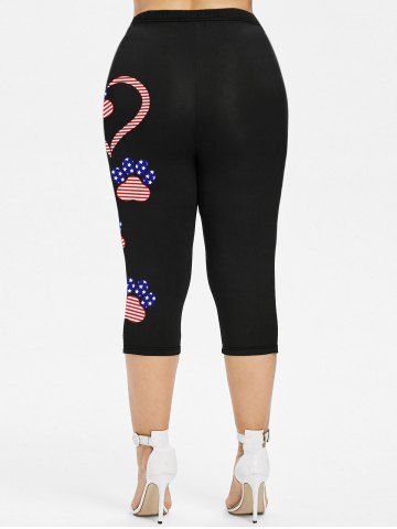 Plus Size Patriotic American Flag Heart Cat Paw Print Capri Leggings