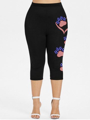 Plus Size Patriotic American Flag Heart Cat Paw Print Capri Leggings