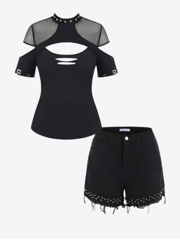 Gothic Net Panel Cutout Buckle Rivet Mock Neck Tee And Plus Size&Curve Studs Ripped Cuff Off Denim Shorts  Gothic Outfit - BLACK