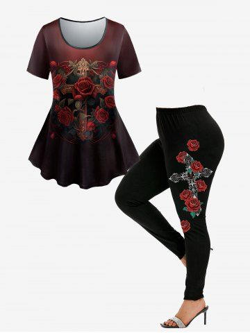 Gothic Rose Cross Print Ombre T-shirt And Gothic Rose Cross Printed Skinny Leggings Gothic Outfit