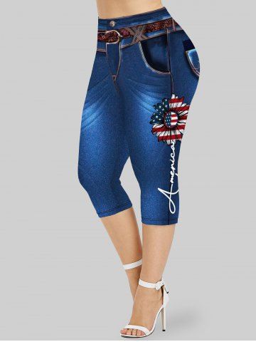 Plus Size Patriotic 3D Jeans Sunflower American Flag Printed Capri Jeggings - DEEP BLUE - S | US 8