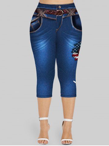 Plus Size Patriotic 3D Jeans Sunflower American Flag Printed Capri Jeggings