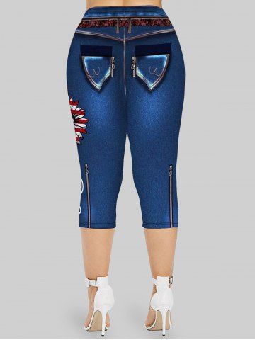 Plus Size Patriotic 3D Jeans Sunflower American Flag Printed Capri Jeggings