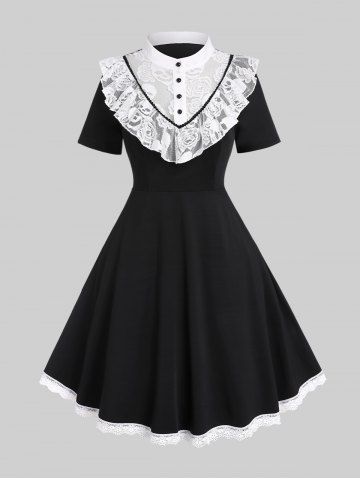 Gothic Contrast Lace Panel Retro Fit and Flare Dress - BLACK - 1X | US 14-16