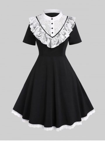 Gothic Contrast Lace Panel Retro Fit and Flare Dress - BLACK - 3X | US 22-24