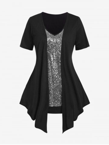 Plus Size Sequins Short Sleeves 2 in 1 Tee
