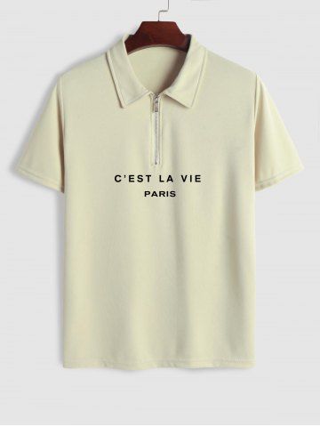 C'EST LA VIE PARIS Print Polo Collared Half Zip T Shirt - LIGHT COFFEE - XXL